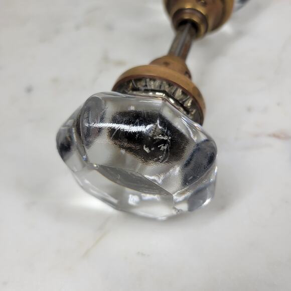 Antique Victorian 8 Point Crystal Door Knob Clear Glass 3 Inch Brass Rod Handle - Picture 3 of 13